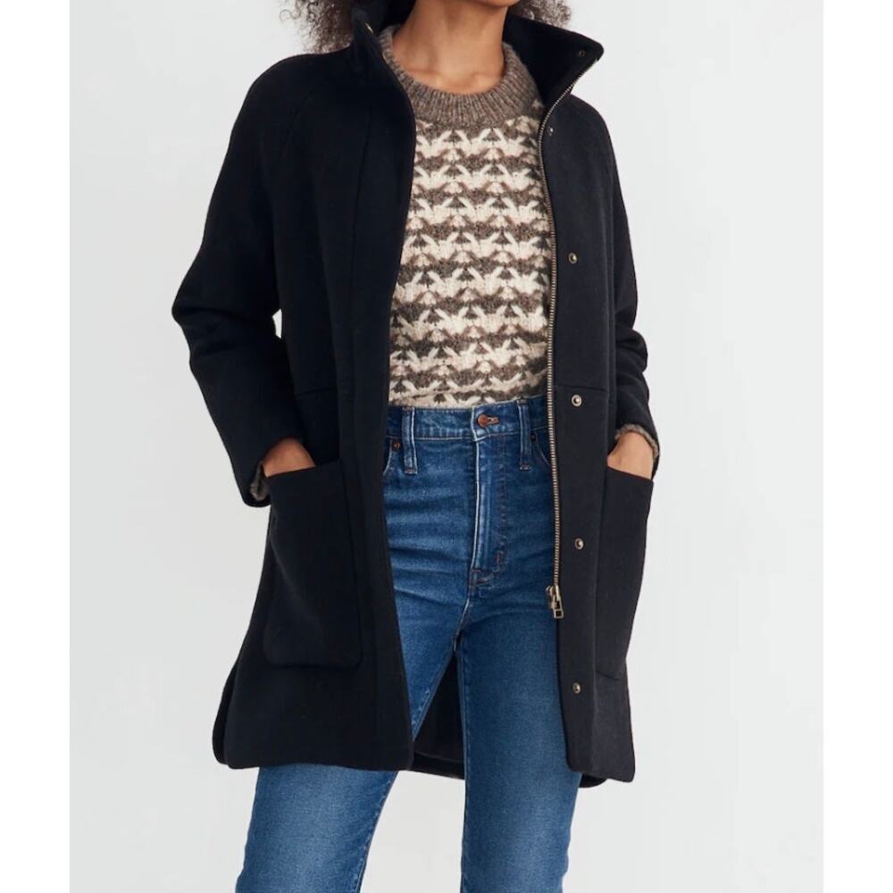 Madewell Estate Cocoon Coat Insuluxe Black Full Zip Car Coat Wool MA326 Women XS